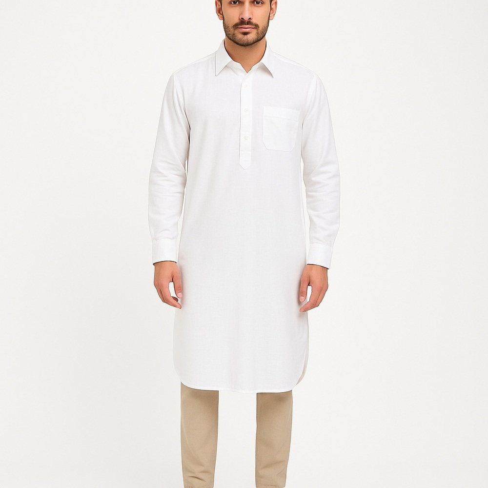 Men’s Long White Kurta Style Shirt Vastram Traditional Tunic Top Long Sleeve 38